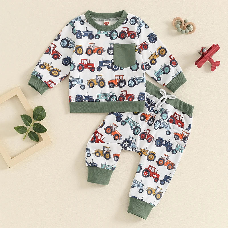 Lioraitiin Baby Boy 2Pcs Farm Outfits Long Sleeve Tractor Print