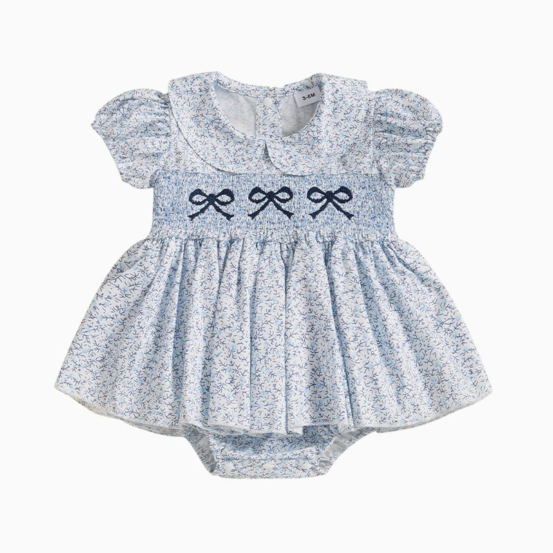 Lioraitiin Baby Girls Romper Dress Short Sleeve Bow Embroidery Floral
