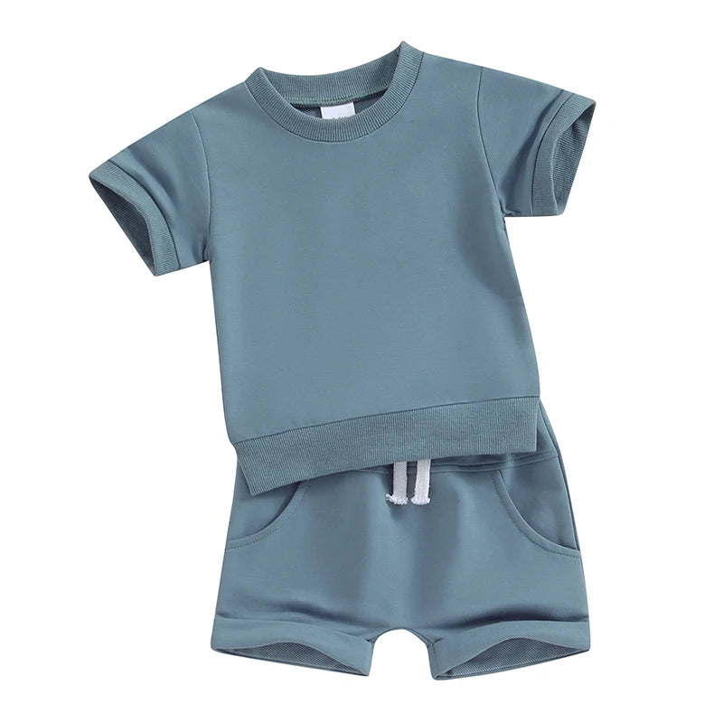 Toddler Baby Solid Color Short Sleeve Round Neck T-Shirt with Shorts