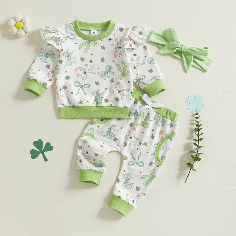 Lioraitiin Toddler Baby Girl Irish Outfits Bow Clover Print Crew Neck