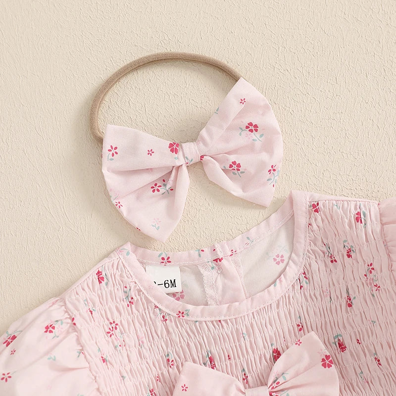 Lioraitiin Baby Girl Outfits Floral Pattern Smocked Crew Neck Short
