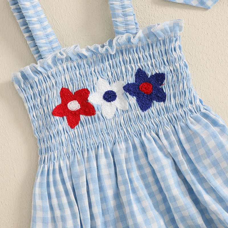 Lioraitiin Baby Girl July 4th Outfit Plaid Letter Embroidery Shirred