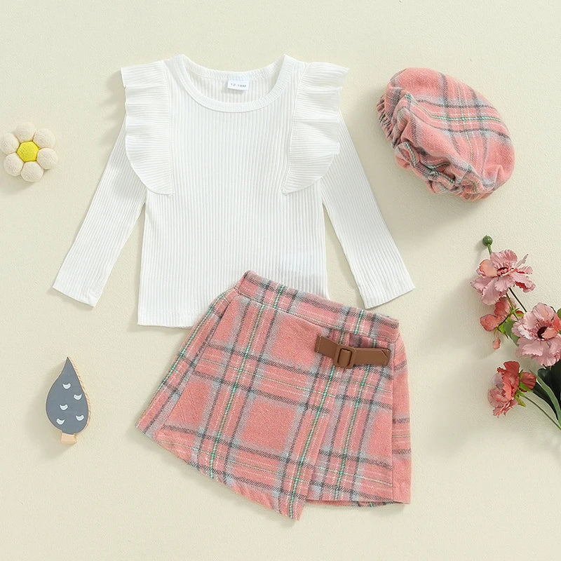 Lioraitiin Toddler Girl Outfits Solid Color Ribbed Knit Ruffles Crew