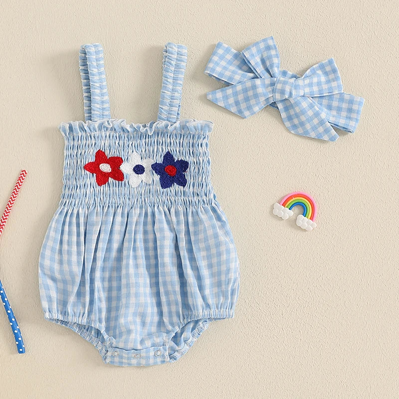 Lioraitiin Baby Girl July 4th Outfit Plaid Letter Embroidery Shirred