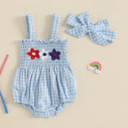 Lioraitiin Baby Girl July 4th Outfit Plaid Letter Embroidery Shirred