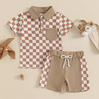 Lioraitiin Toddler Boys Shorts Sets Short Sleeve Lapel Checkerboard