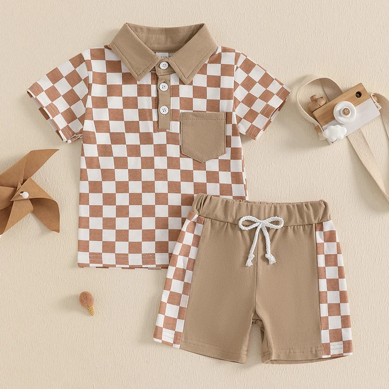 Lioraitiin Toddler Boys Shorts Sets Short Sleeve Lapel Checkerboard