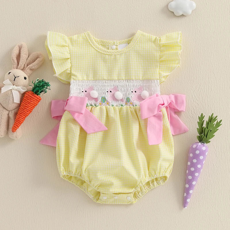 Lioraitiin Baby Girls Rompers Easter Rabbit Embroidery Plaid Fly