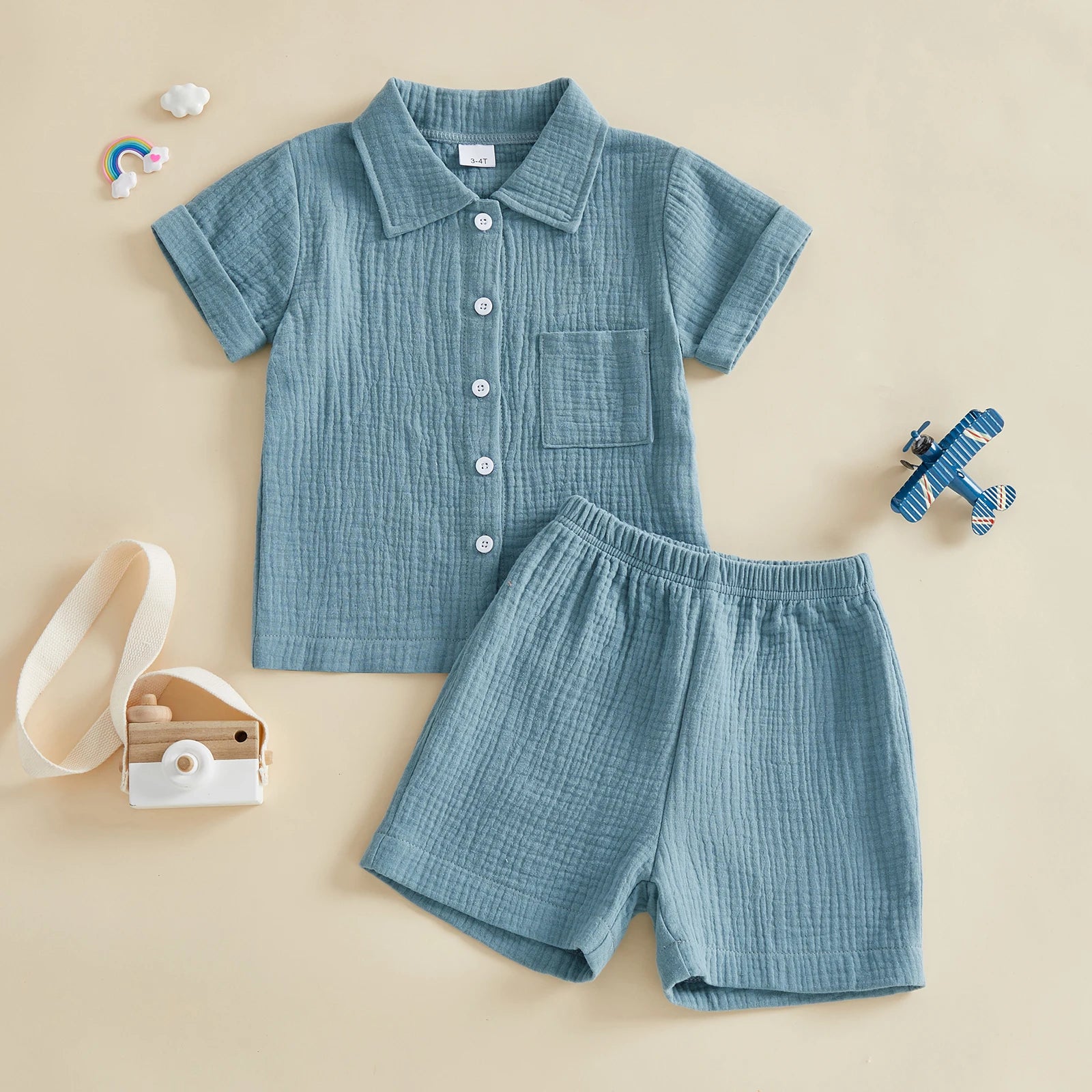 Lioraitiin Little Boys 2 Piece Outfits Solid Color Short Sleeve Turn