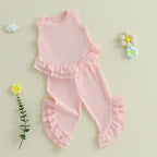 Lioraitiin Toddler Girl Outfits Solid Waffle Round Neck Ruffled Tank