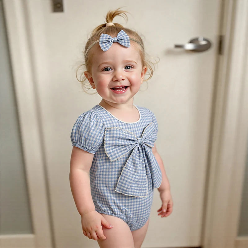 Lioraitiin Baby Girls Sweet Romper Short Sleeve Round Neck Plaid