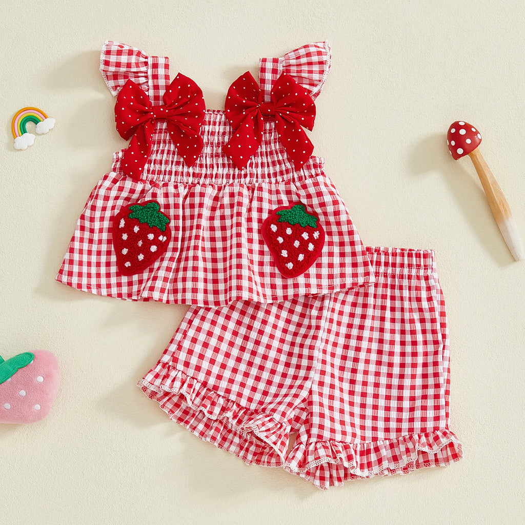 Lioraitiin Toddler Baby Girl Outfit Strawberry Embroidered Plaid Bows