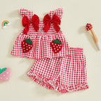 Lioraitiin Toddler Baby Girl Outfit Strawberry Embroidered Plaid Bows