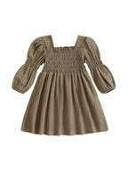 Lioraitiin Toddler Girl Bubble Sleeve Dress Stylish Solid Smocked