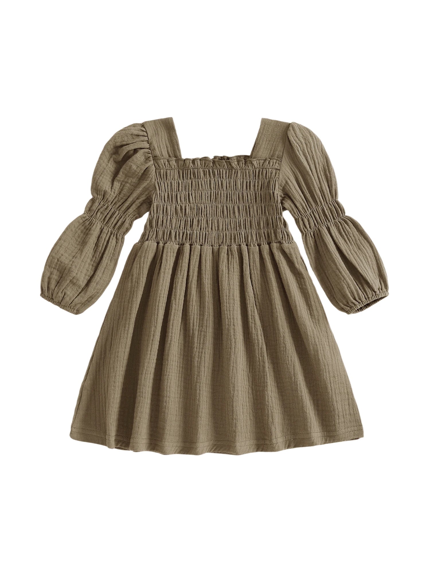 Lioraitiin Toddler Girl Bubble Sleeve Dress Stylish Solid Smocked