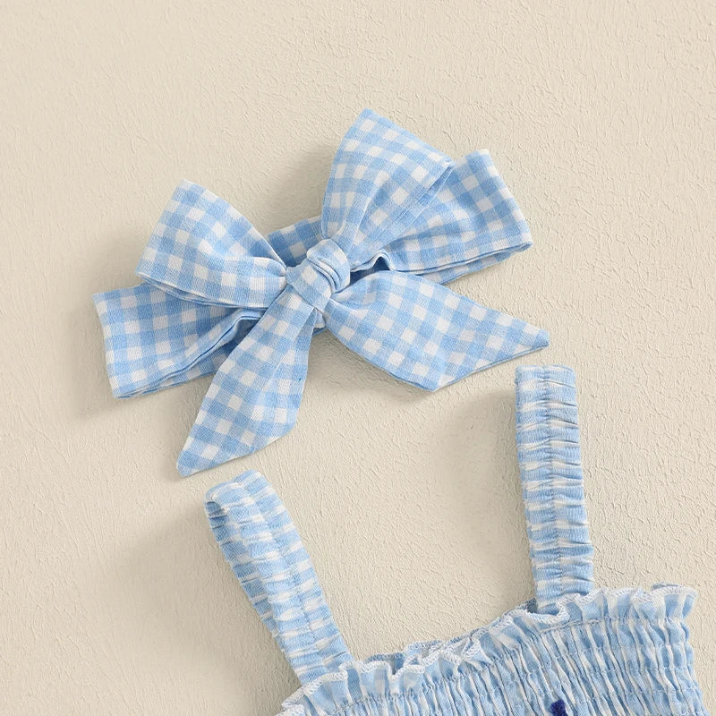 Lioraitiin Baby Girl July 4th Outfit Plaid Letter Embroidery Shirred