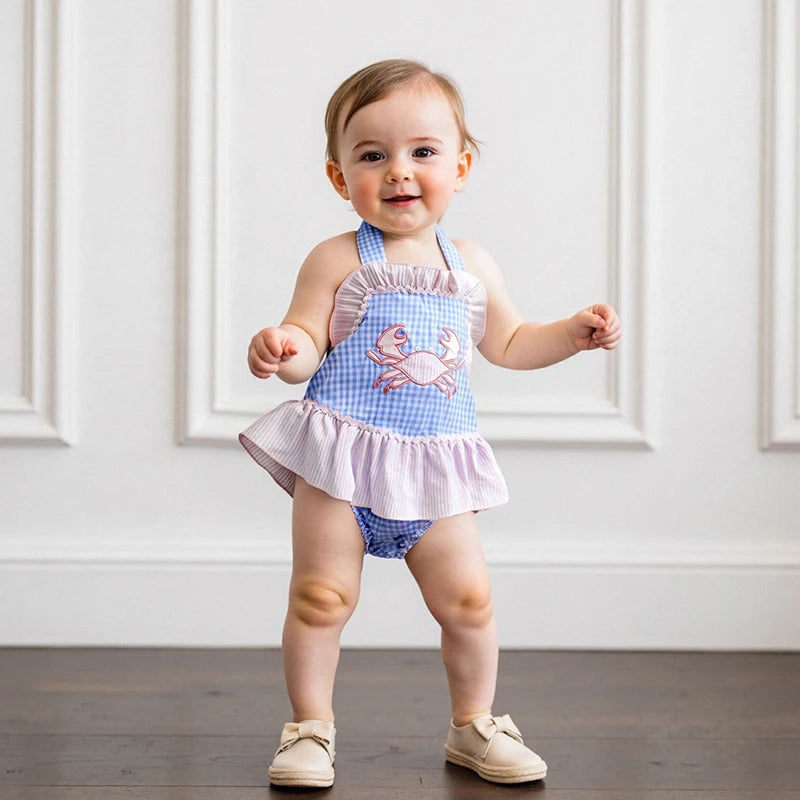 Lioraitiin Baby Girl Crab Plaid Romper Dress Tie-up Halter Neck
