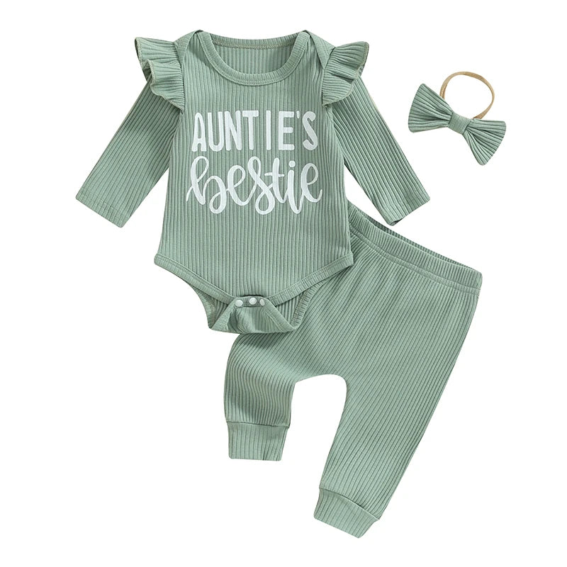 Lioraitiin Baby Girls Ribbed Set Letter Print Long Sleeve Round Neck