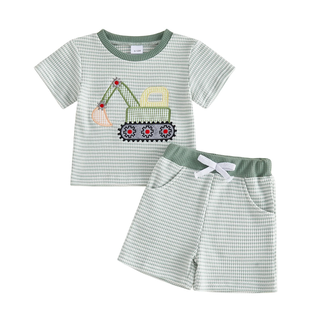 Toddler Baby Boy Outfit Excavator Embroidered Striped Short Sleeve