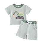 Toddler Baby Boy Outfit Excavator Embroidered Striped Short Sleeve