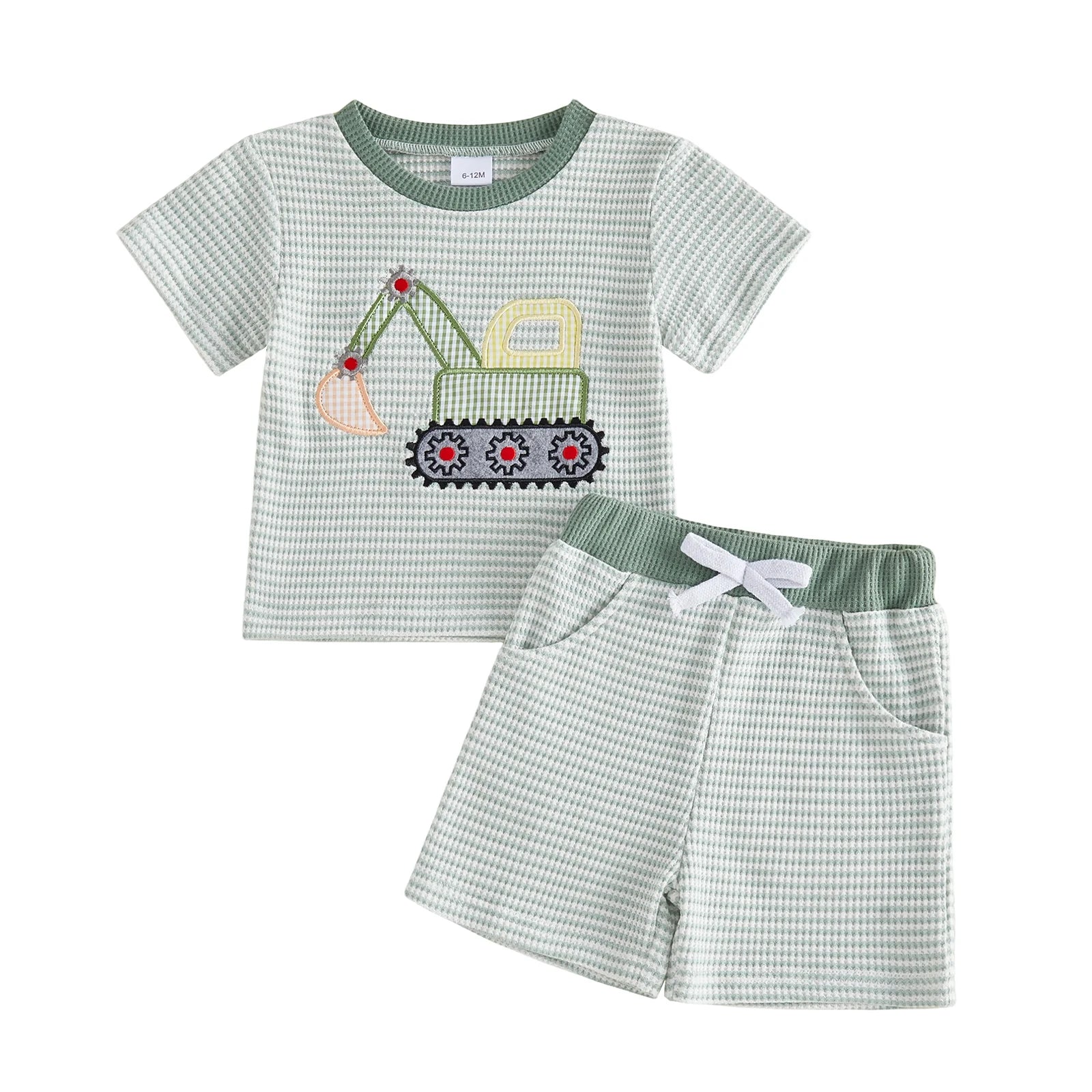 Toddler Baby Boy Outfit Excavator Embroidered Striped Short Sleeve