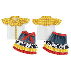 Lioraitiin Girls Outfits Plaid Print Fly Sleeve Shirts Cow Pattern