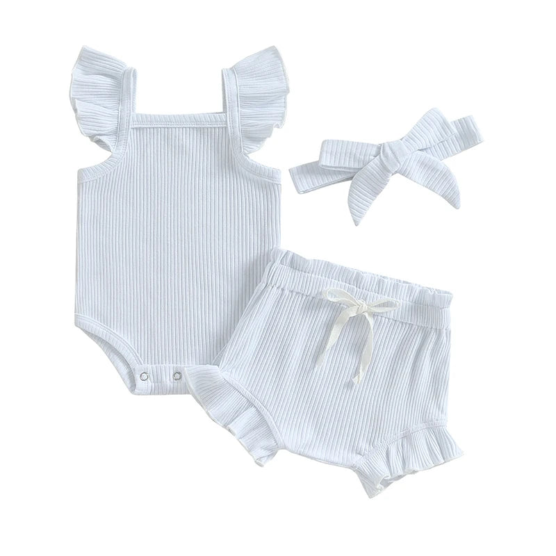 Lioraitiin 0-18M Toddler Girls 3Pcs Fly Sleeve Solid Romper Tops