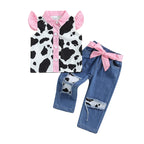 Lioraitiin Baby Girl 2Pcs Western Outfits Fly Sleeve Cow Print Shirt