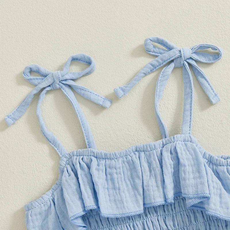 Lioraitiin Toddler Girl Set Sleeveless Smocked Lacing Strap Camisole