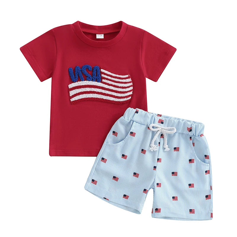 Lioraitiin Baby Boys Patriotic Outfits Flag Embroidery Short Sleeves