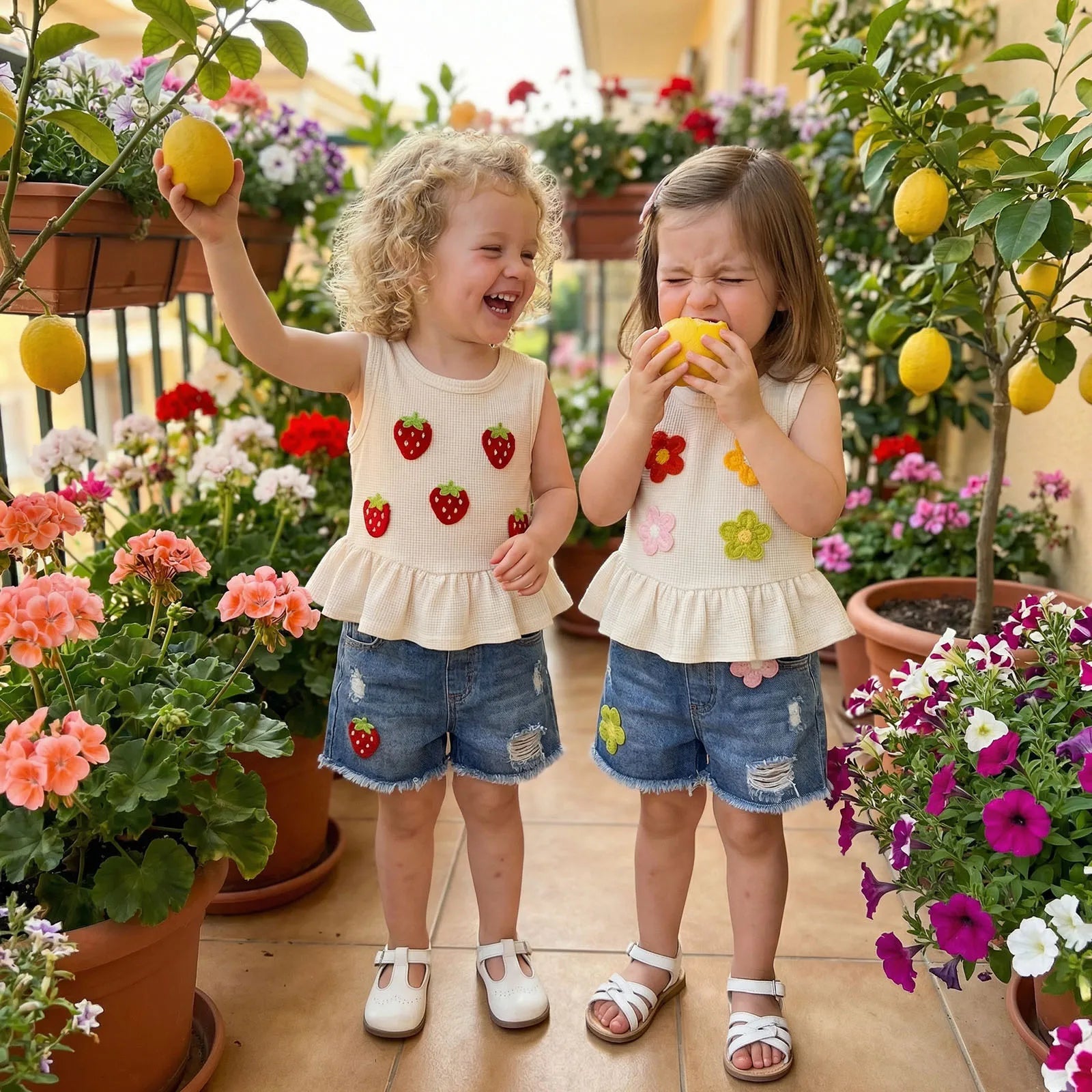 Baby Girls Outfits Floral Strawberry Patch Tank Tops and Ripped Denim