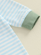 Lioraitiin Baby Boy Romper Embroidered Striped Crew Neck Long Sleeve