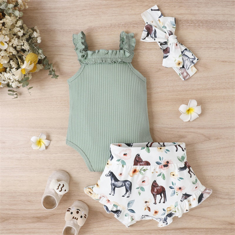 Lioraitiin 0-18M Infant Baby Girl 3Pcs Off Shoulder Romper Tops Bull