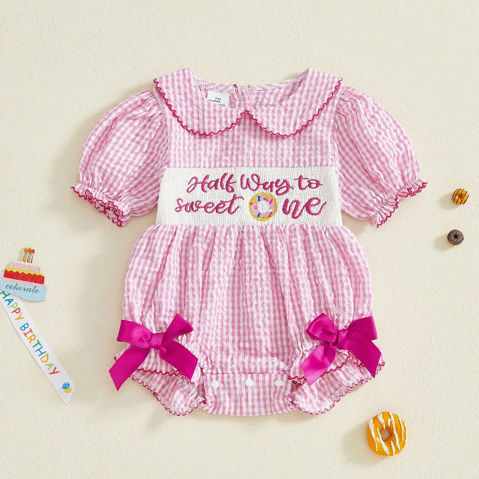 Lioraitiin Baby Girls Birthday Romper Plaid Print Letter Donut