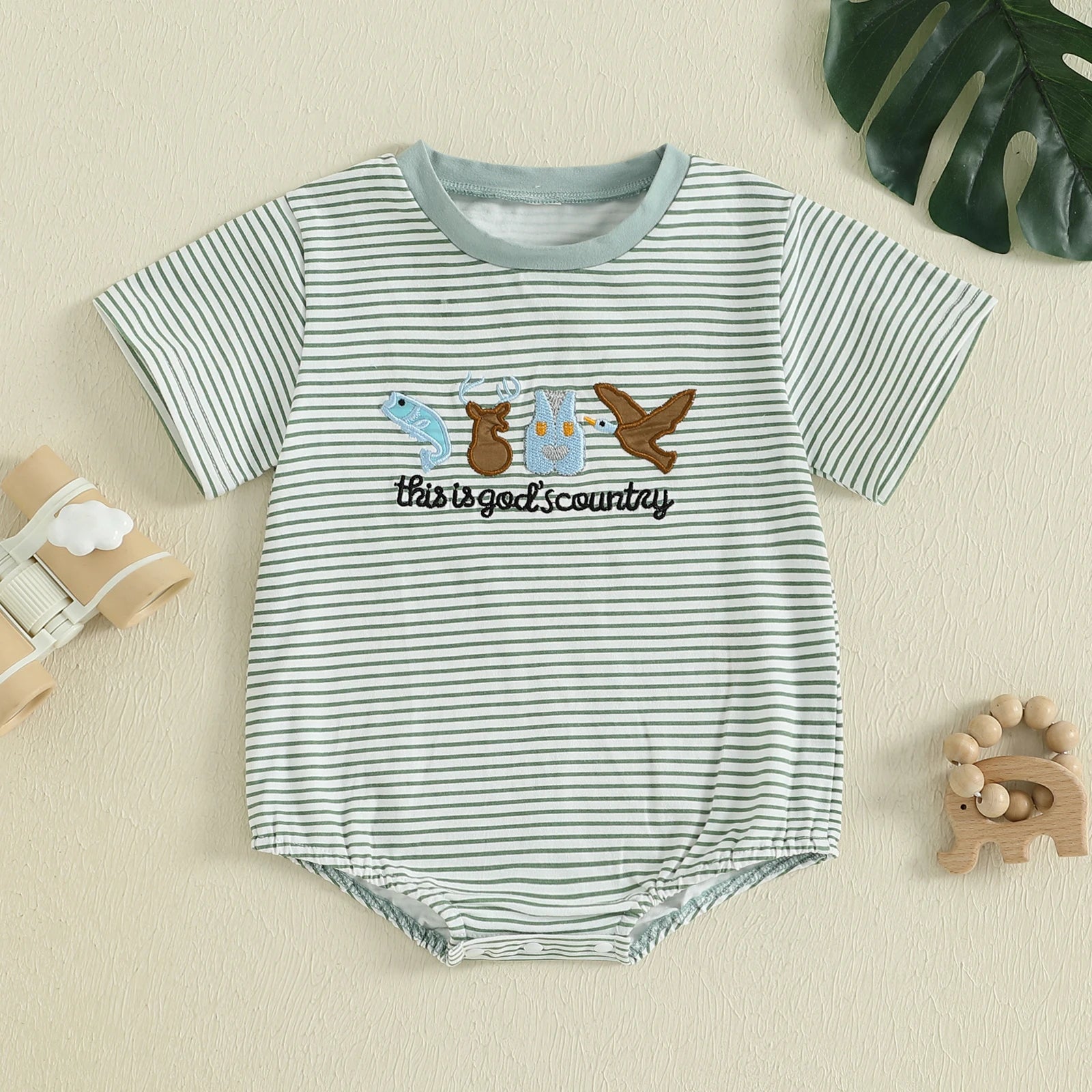 Lioraitiin Baby Boys Rompers Letter Animals Embroidery Stripe O-Neck