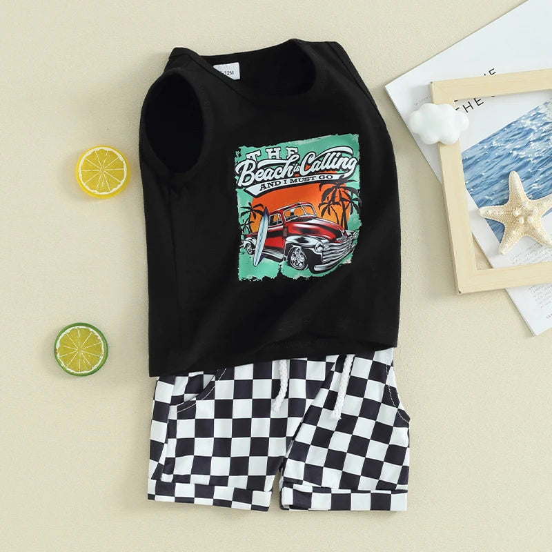 Lioraitiin Toddler Boys Outfits Letter Car Print Sleeveless Tank Tops