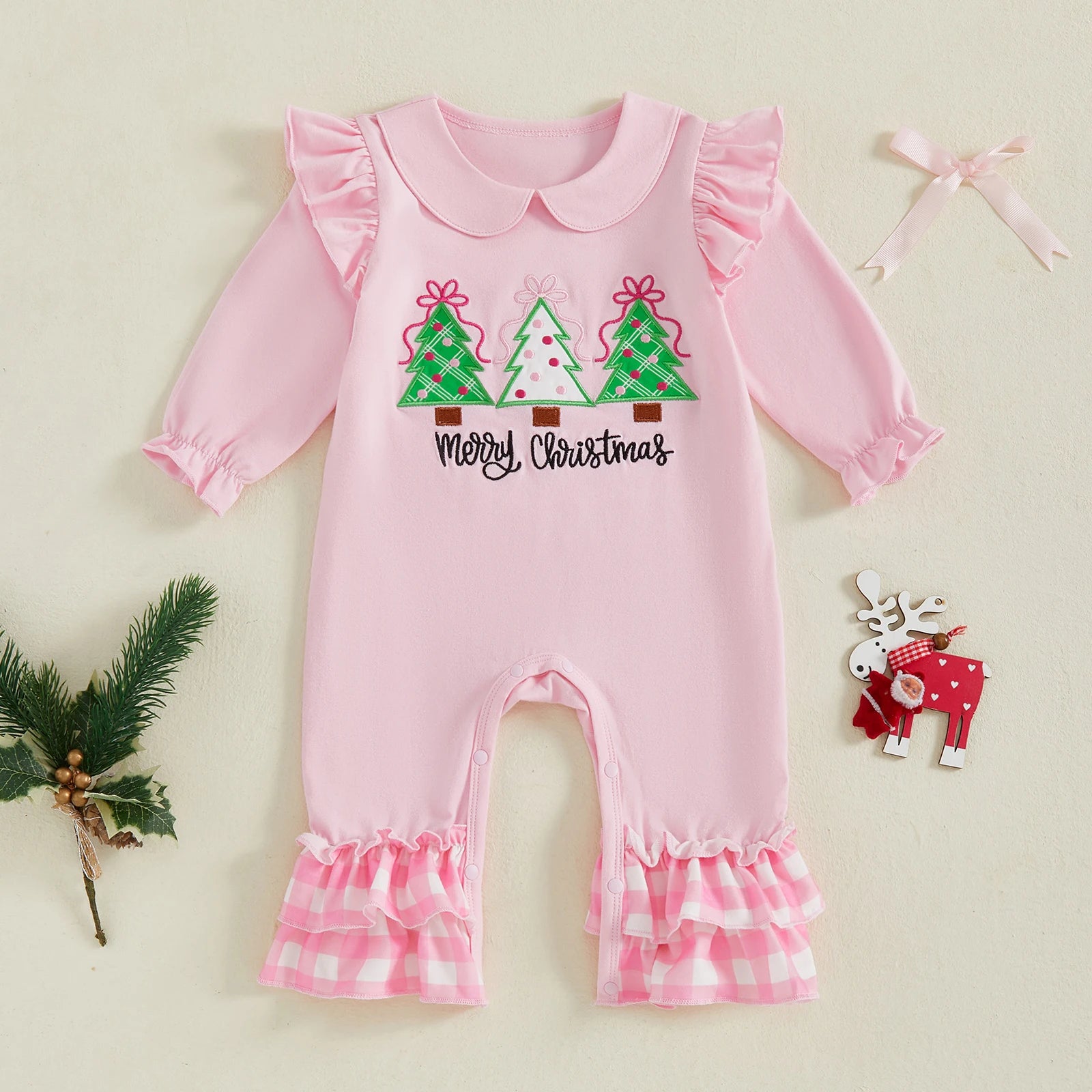Lioraitiin Baby Girl Christmas Romper Long Sleeve Doll Collar