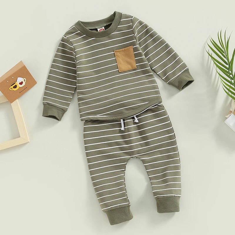 Lioraitiin 0-3Years Baby Boys Pants Set Striped Long Sleeve Crew Neck