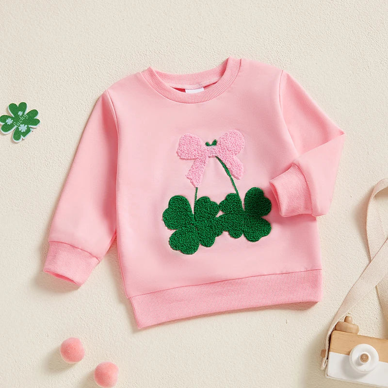 Toddler Baby Girl Irish Sweatshirt Bow Clover Embroidery Long Sleeve
