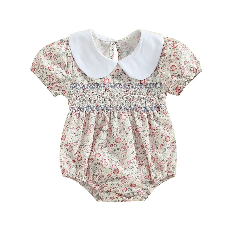 Lioraitiin Newborn Baby Girl Romper Short Sleeve Doll Collar Floral