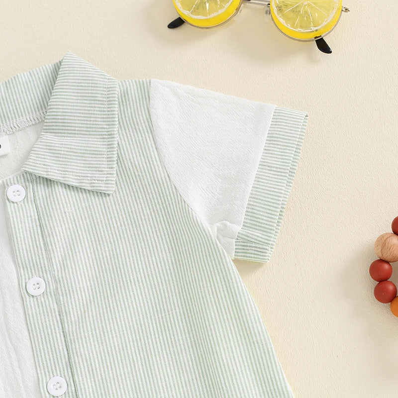Lioraitiin Baby Boy Jumpsuit Short Sleeve Lapel Collar Stripes Print