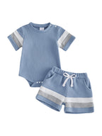 Lioraitiin Baby Boys Sets Fashionable Stripe Trim Short Sleeve Romper