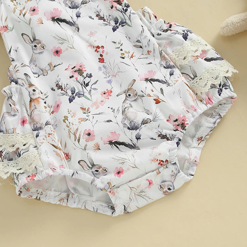 Lioraitiin Baby Girls Easter Outfits Flower Bunny Print Lace Trim