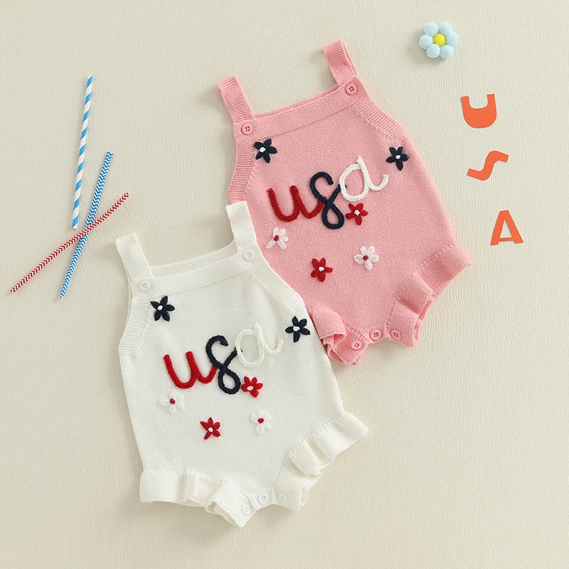 Lioraitiin Baby Girl Knit Overalls Floral Letter Embroidery