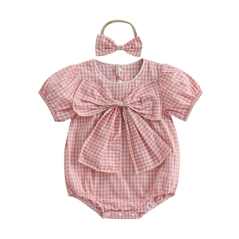 Lioraitiin Baby Girls Sweet Romper Short Sleeve Round Neck Plaid