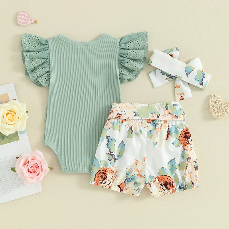 Lioraitiin Baby Girls Shorts Outfits Letter Print Fly Sleeve Romper