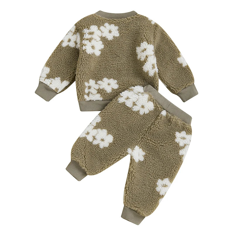 Lioraitiin Toddler Girls Outfits Floral Pattern Fuzzy Long Sleeve