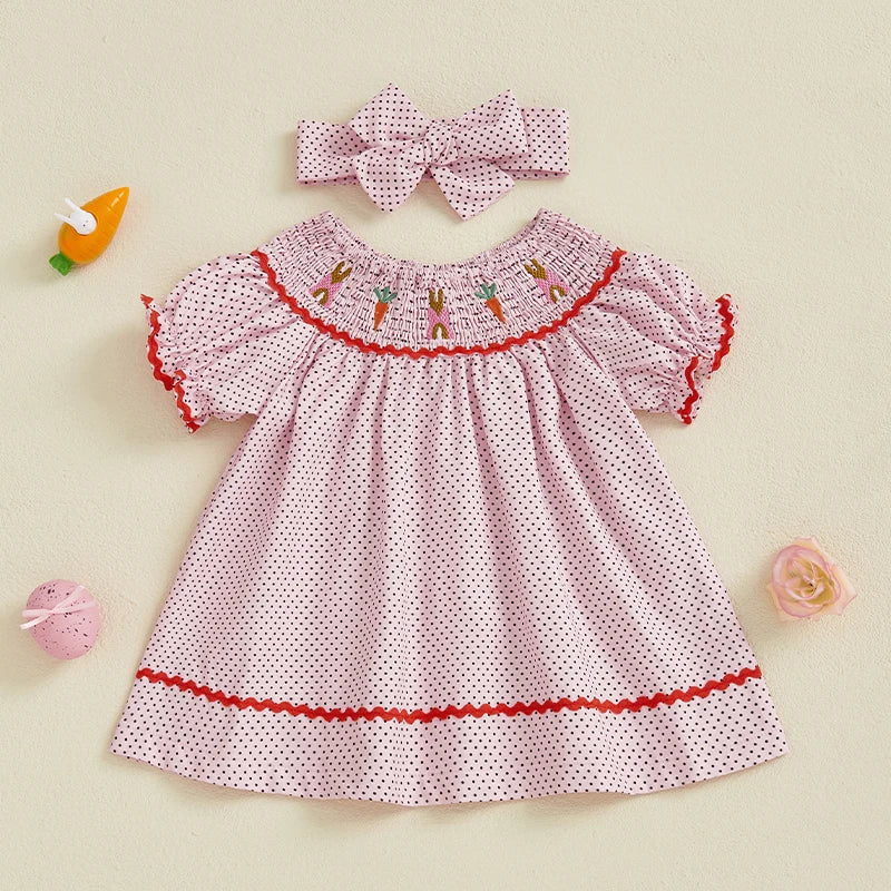 Lioraitiin Toddler Girls Easter Dress Rabbit Carrot Embroidery Short