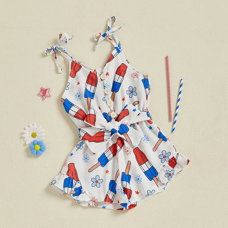 Lioraitiin Kid Girl 4th of July Overalls Shorts Bow/Popsicle Print