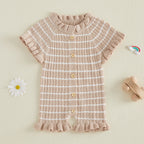 Lioraitiin Newborn Baby Girl Knit Romper Ruffle Trim Short Sleeve